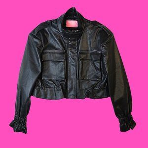 Azalea Wang  Cropped Biker Jacket in Faux Leather with Ruffle Sleeves